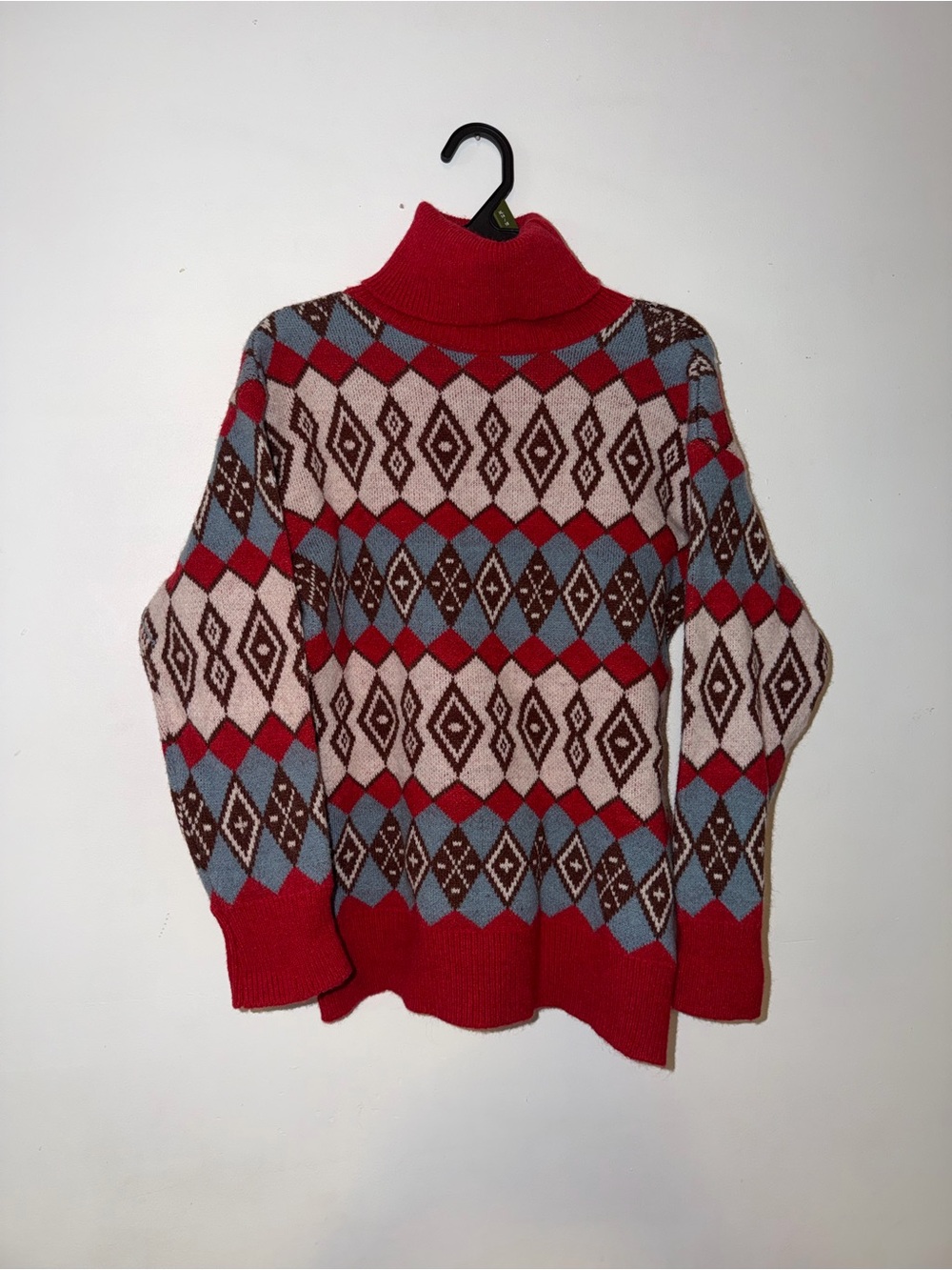 a.n.a Red, Blue & Brown Diamond-Pattern Turtleneck Sweater